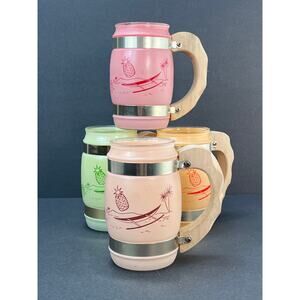 Vtg Siesta Ware Mugs 4 Set Frosted Wood Handles Tiki Bar Mid Century Tropical